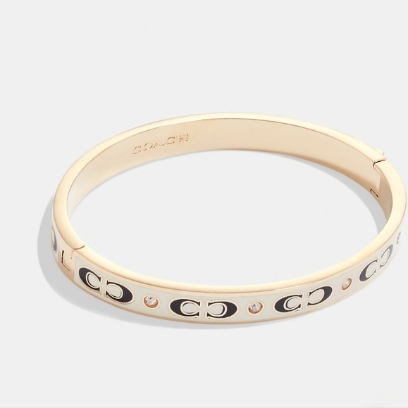 New! COACH Signature Enamel Hinged Bangle in Gold/White - Picture 1 of 1